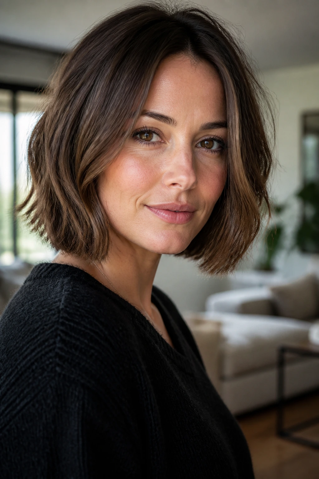 Portrait of a real woman with a well-defined medium bob holding its shape.