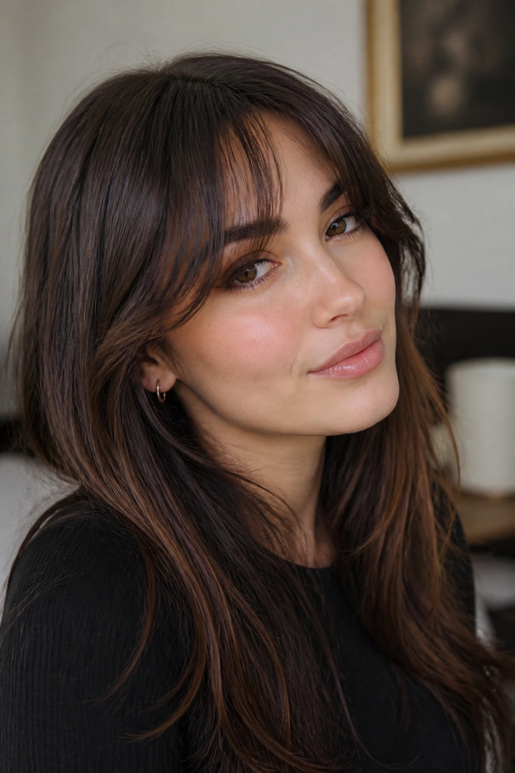 Portrait of a woman with crisp, shape-retaining face-framing bangs