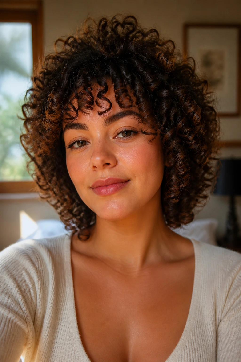 Close-up portrait of a real woman with round face and curly hair showing crown lift and cheek movement