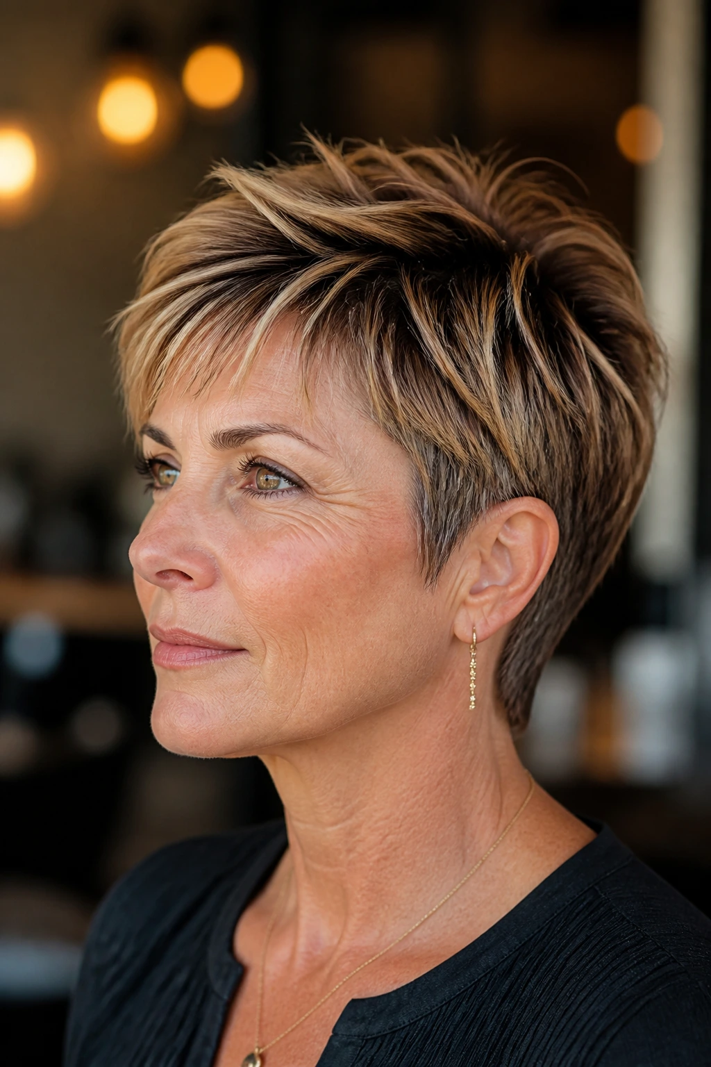 Close-up portrait of a real woman with a shape-focused pixie to look fuller in long thin hair
