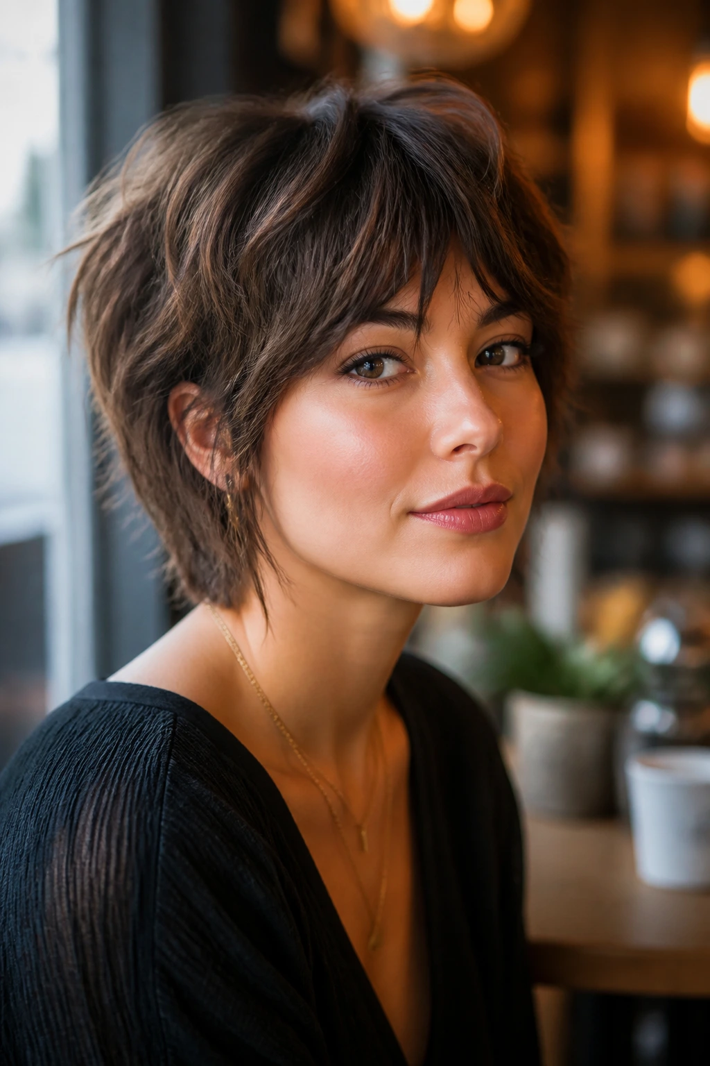 Medium close-up of a person showing a lifted crown and bangs opened toward center