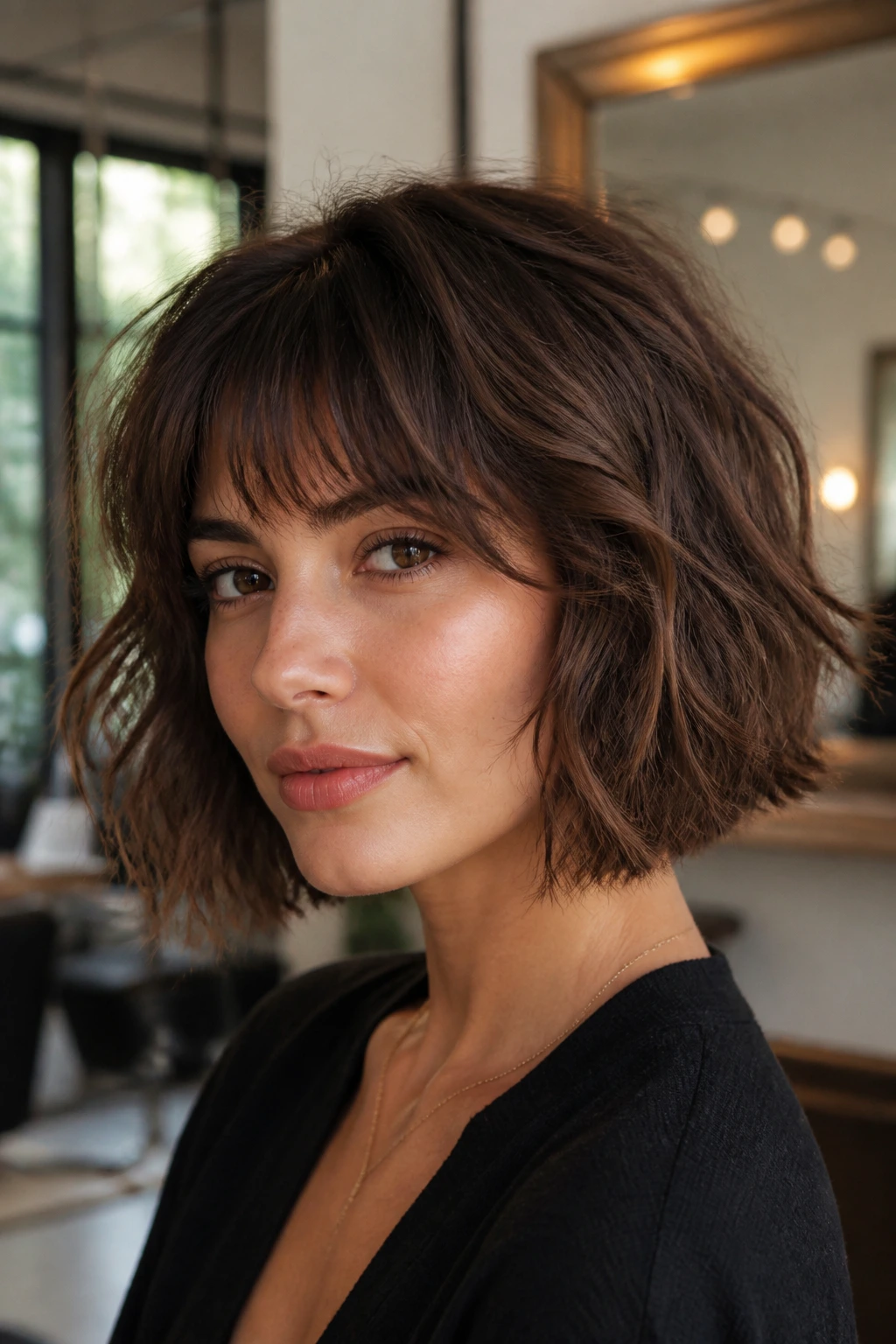 Close-up of brunette shaggy bob on a real person in a salon showing the right shape
