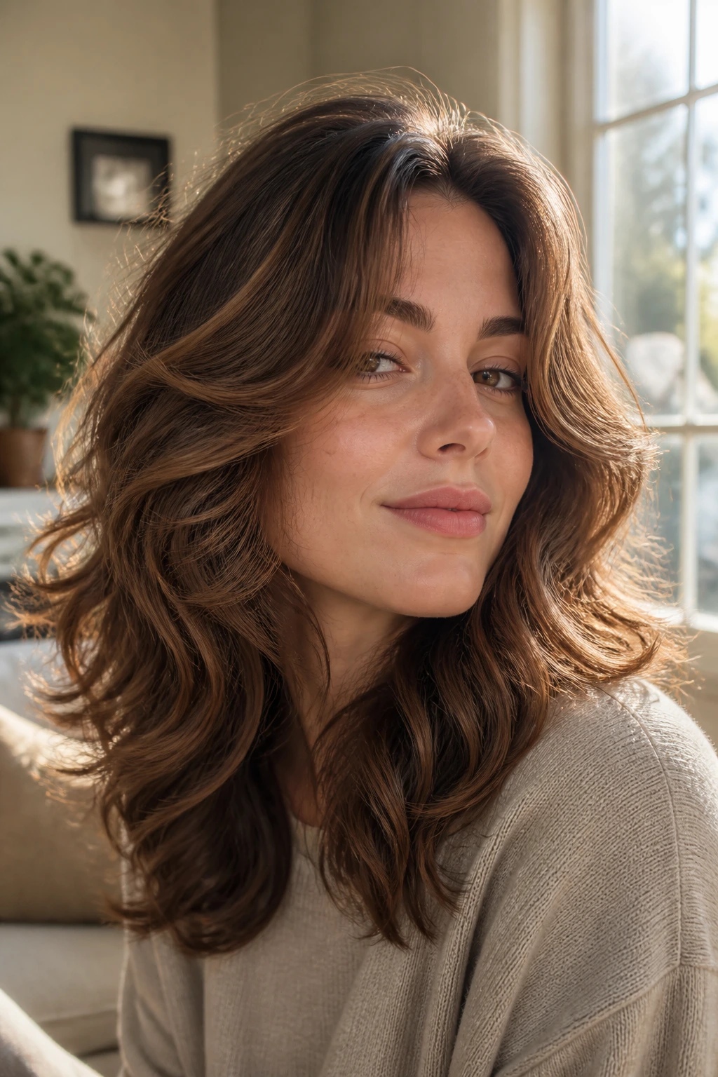 Portrait of a person with layered waves showing shape shifts for different hair lives