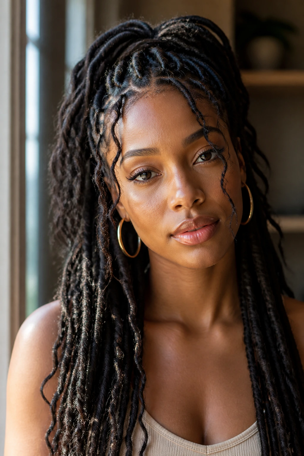 Portrait of goddess locs showing balance of shape, shine, and soft front pieces