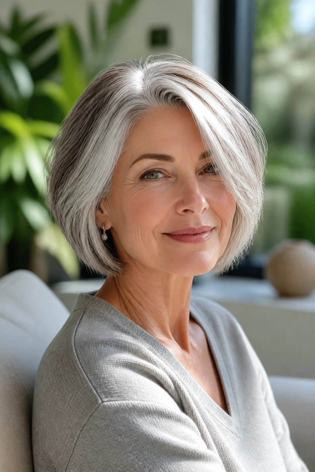 Close-up portrait of a woman with a chic gray haircut showcasing silver shine.