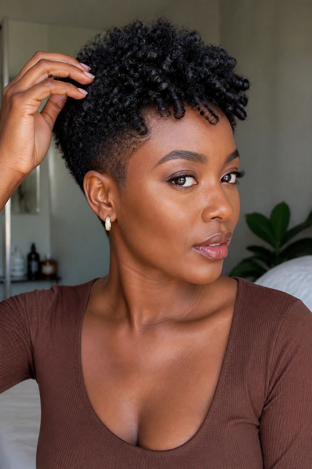 Portrait of a person with a clearly styled short natural cut in a softly lit room