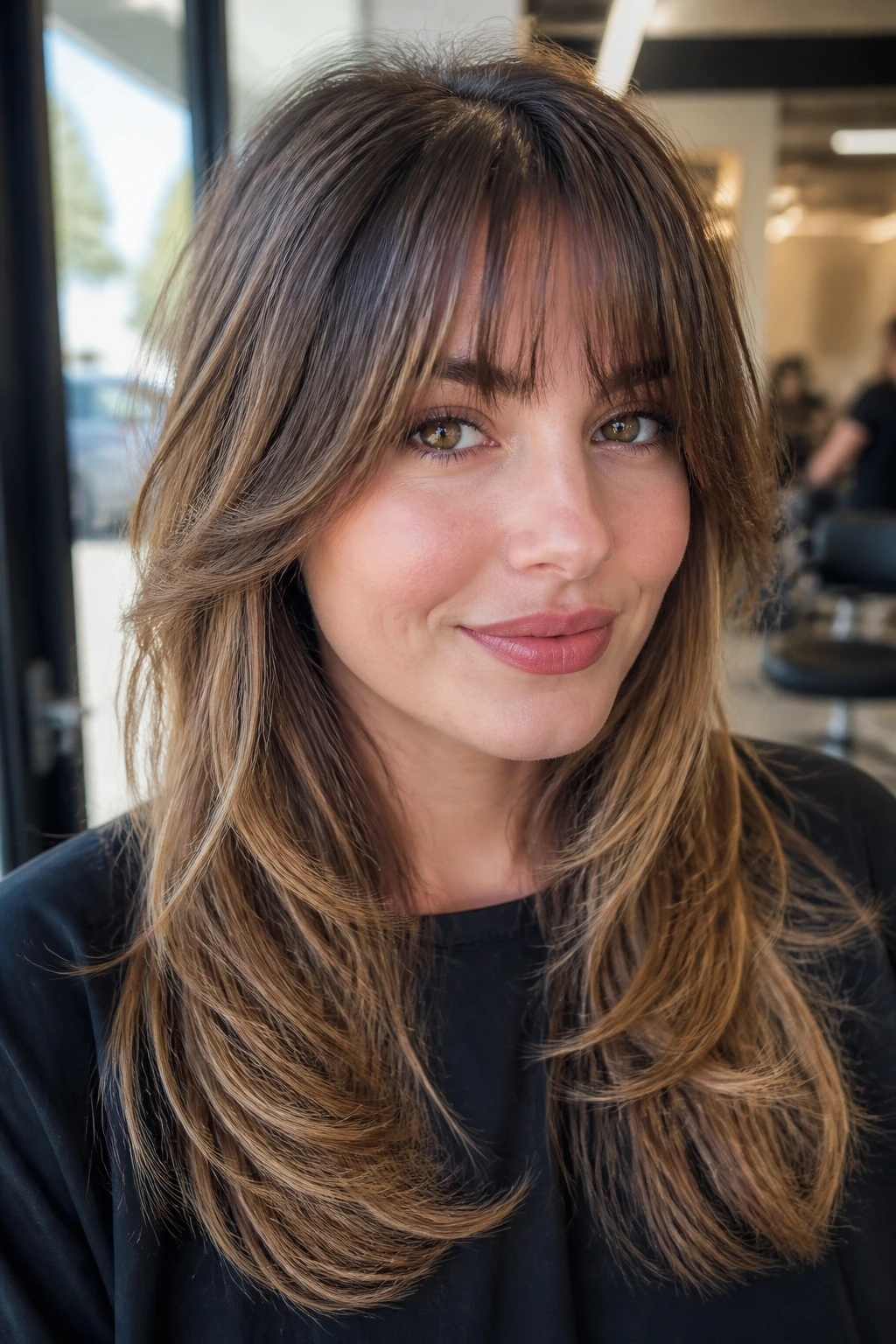 Woman with balanced fringe and weighted crown in bright salon light