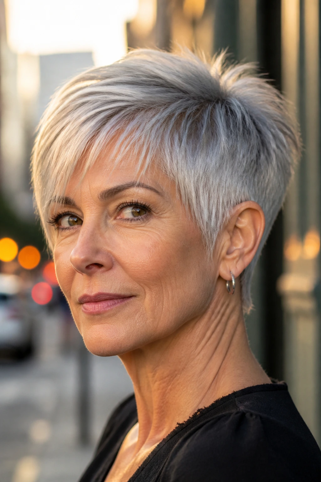 Real woman with sharp, defined short haircut outdoors during golden hour