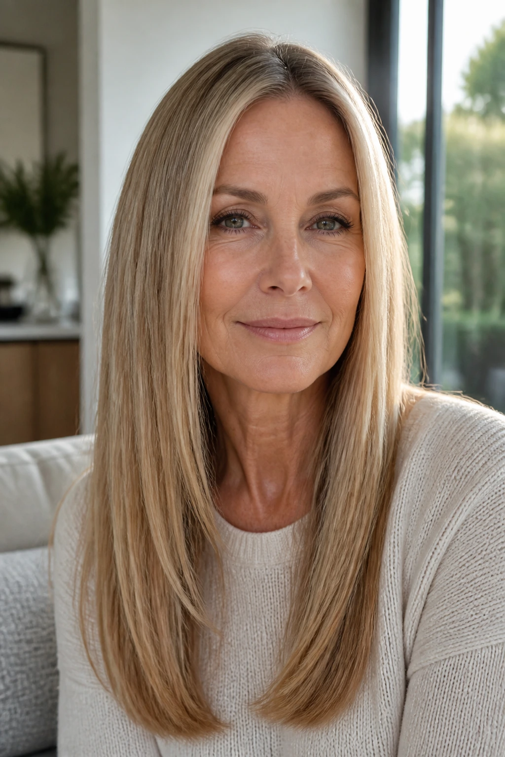 Portrait of a real woman over 50 with a shaped long straight hairstyle