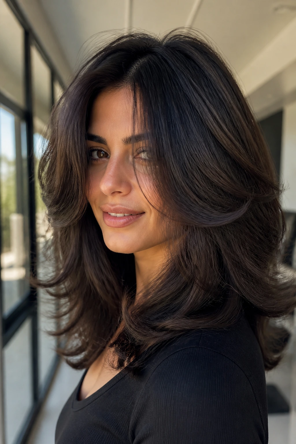 Portrait of person with a shape-conscious haircut on thick dark hair