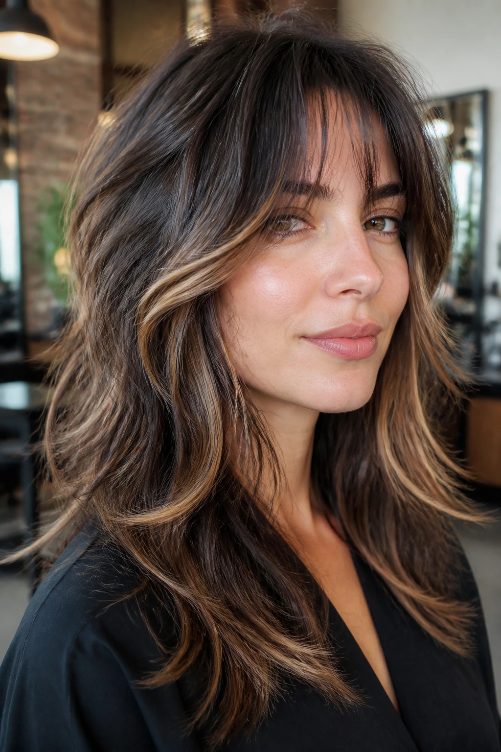 Portrait of woman with maintained wolf cut and glossy balayage