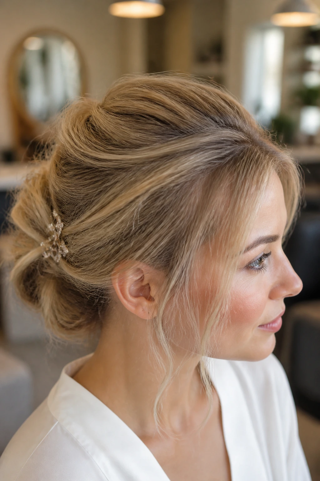 Close-up of crown lift and hidden pins creating a fuller look for thin hair