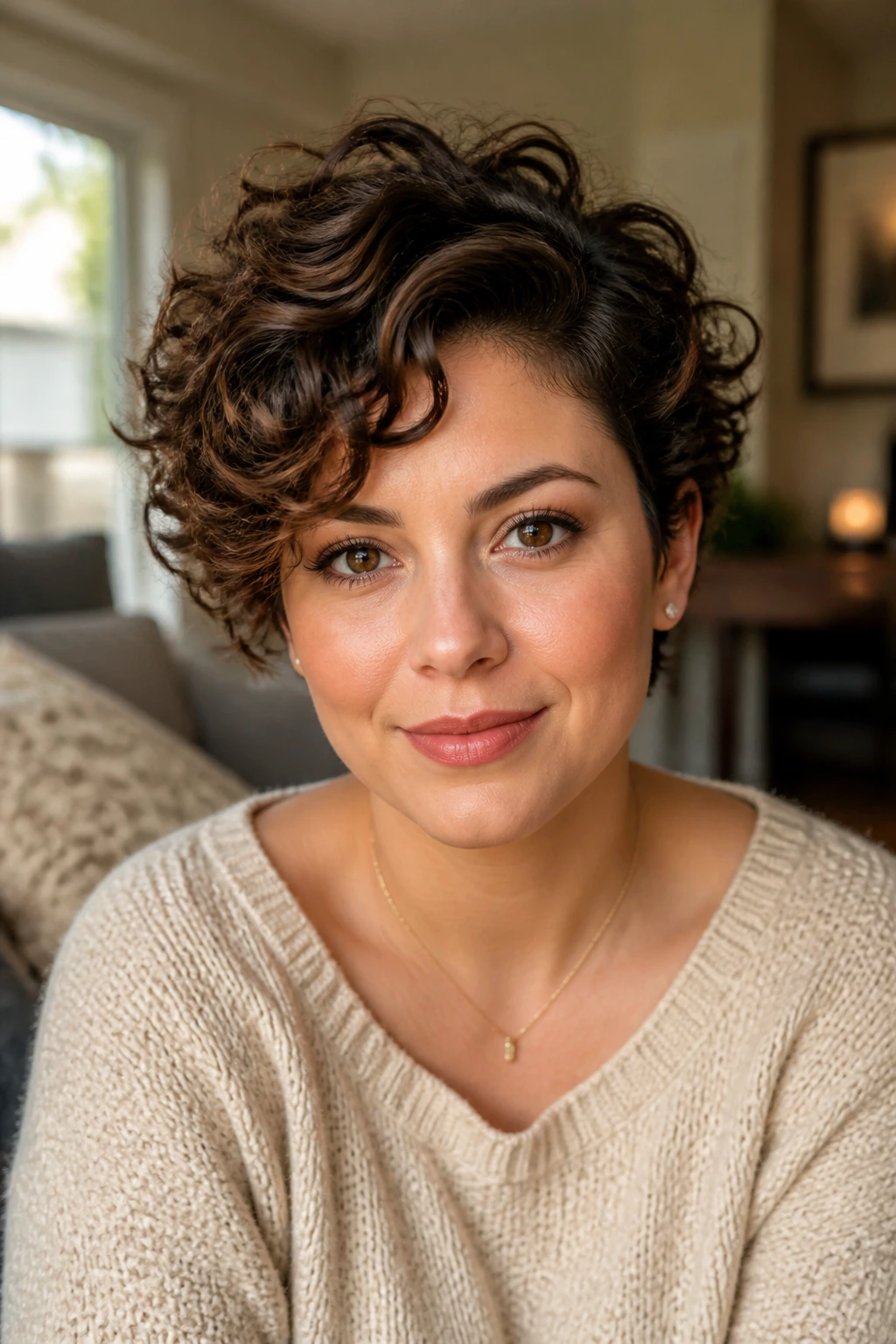 Portrait showing diagonal side part and lifted crown on short curls
