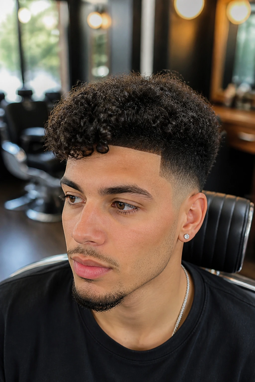 Close-up of shape-up fade with full front curls on a real person in a barber shop.