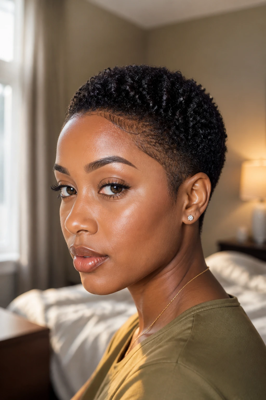 Close-up portrait of a real Black woman with Shape-Up TWA with soft edges