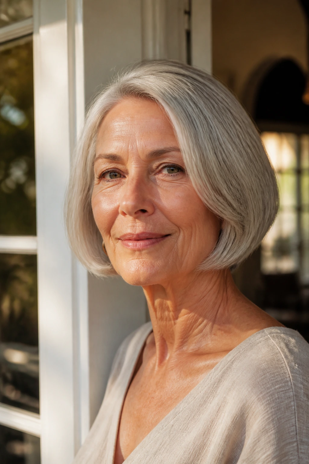 Older woman with a classic vintage bob in golden hour light