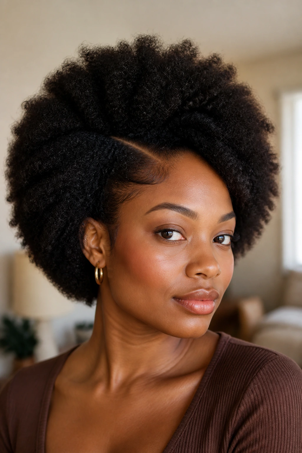 Portrait of a Black woman with a shaped Afro and defined silhouette