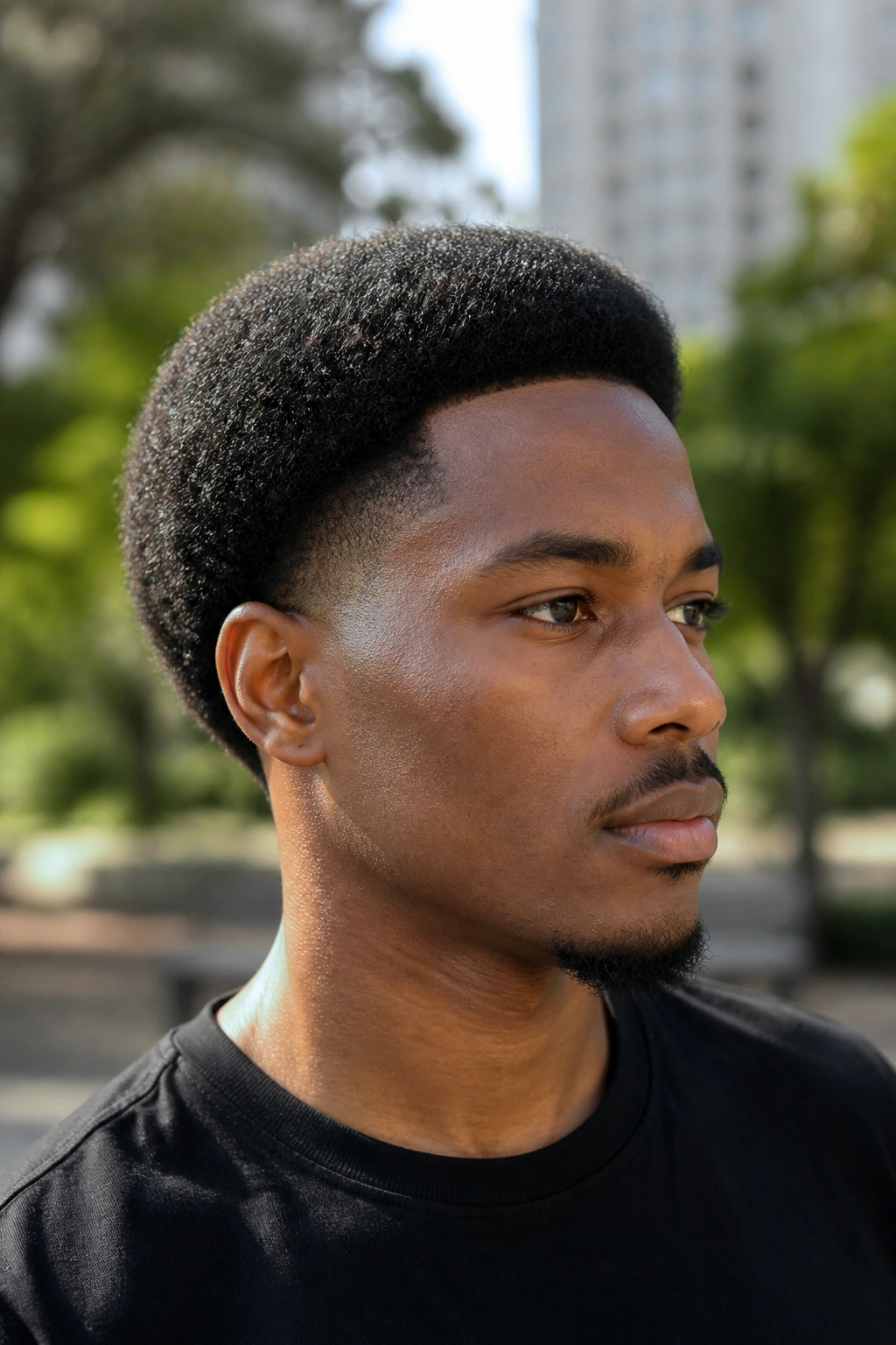 Man with shaped short afro and temple taper in soft afternoon light