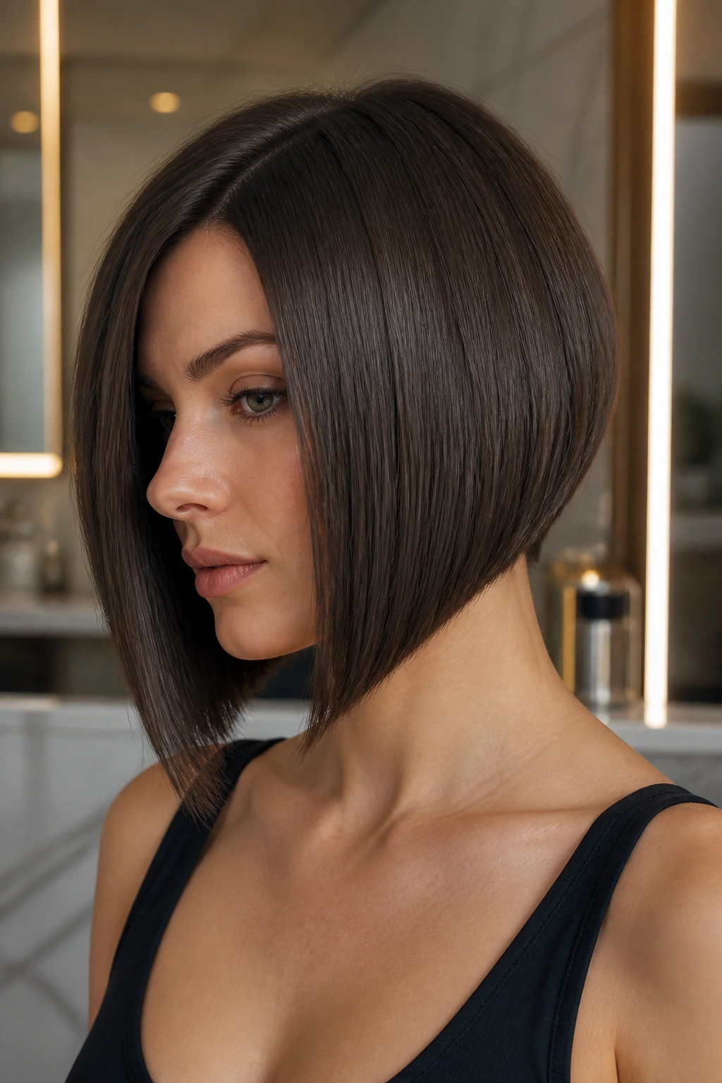 Real woman with sharp angled bob in a sleek space