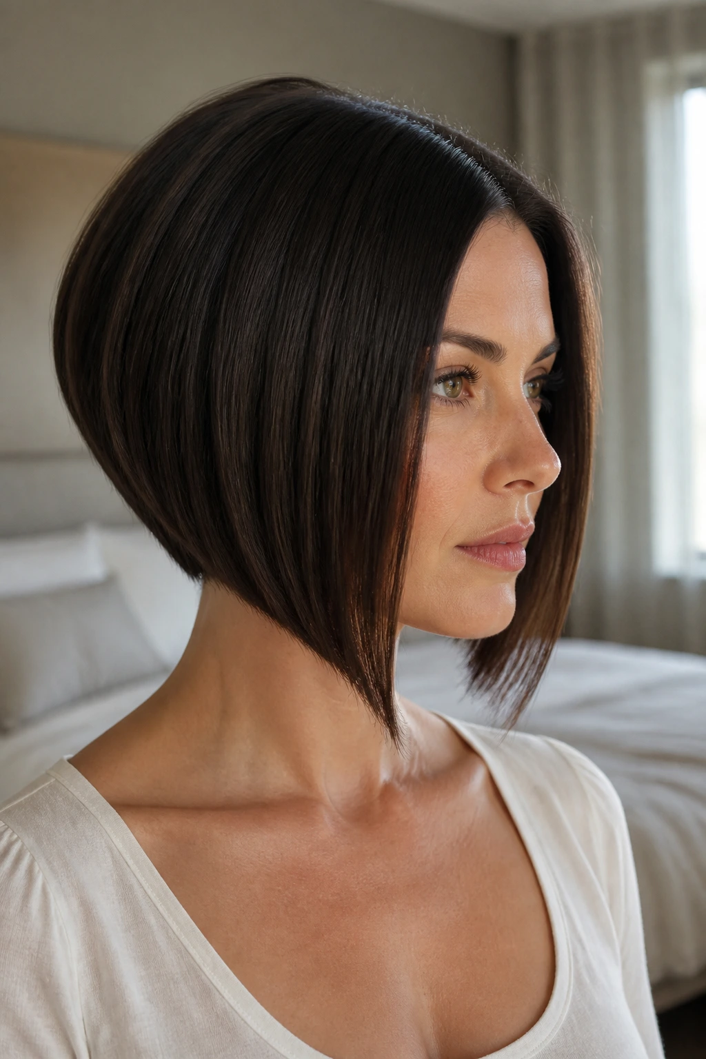 Close-up of a real woman with a sharp angled inverted bob showing a crisp line from back to front