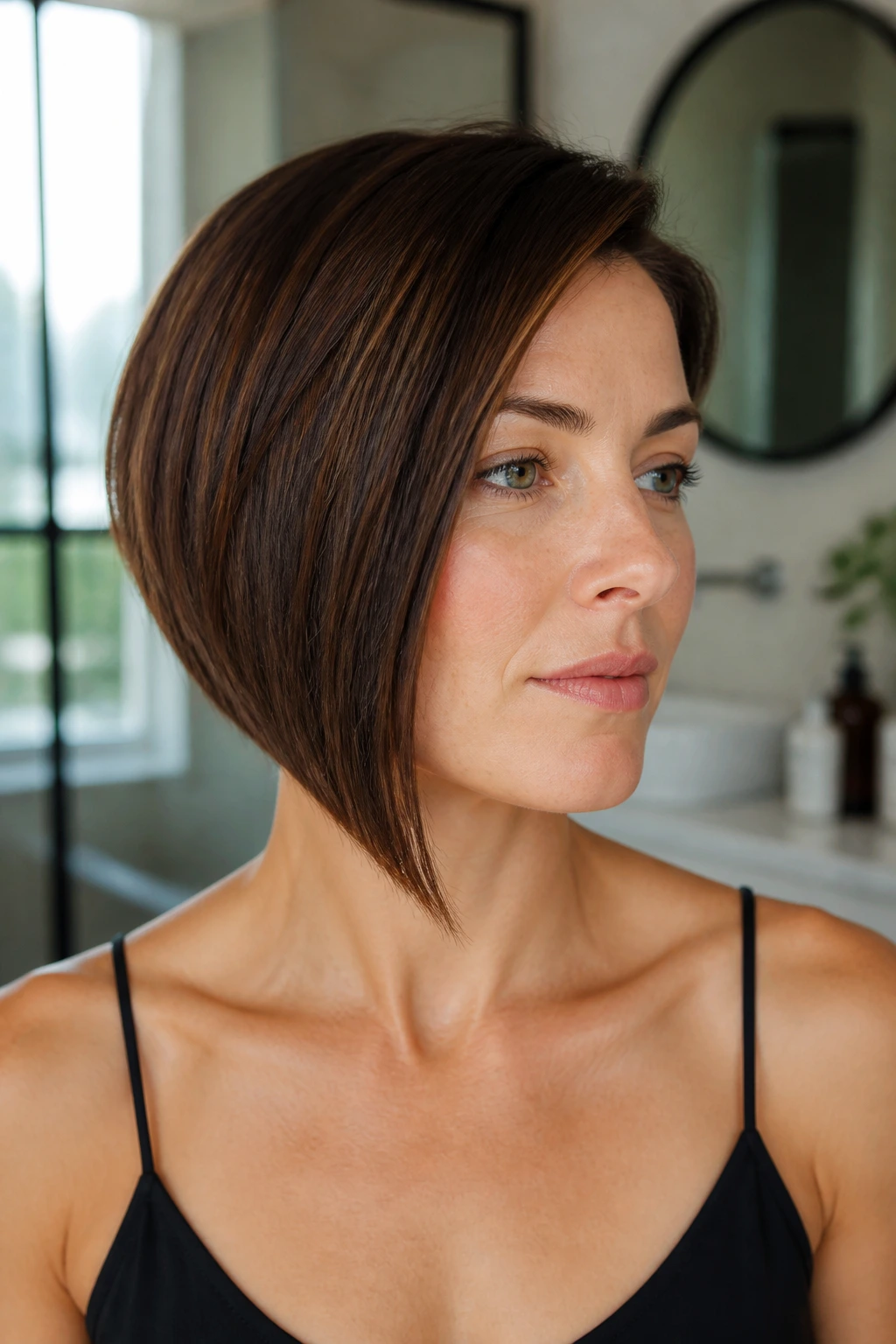 Close-up portrait of a real woman with a crisp asymmetrical bob line in a bright bathroom