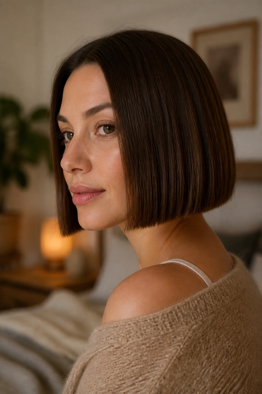 Portrait of a real person with a sharp jaw-length blunt bob and crisp edge