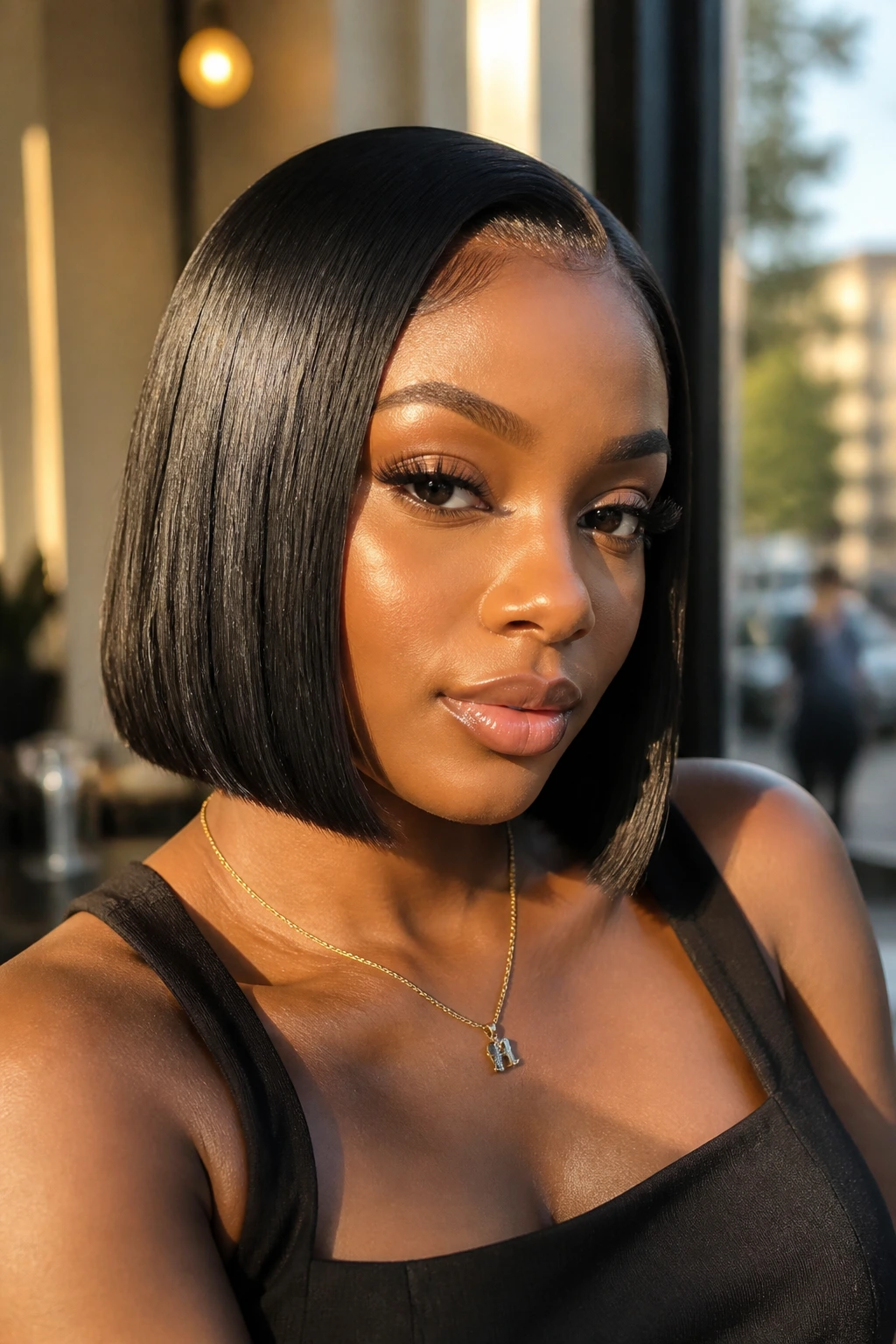 Woman with sharp blunt bob weave in sunlit cafe setting