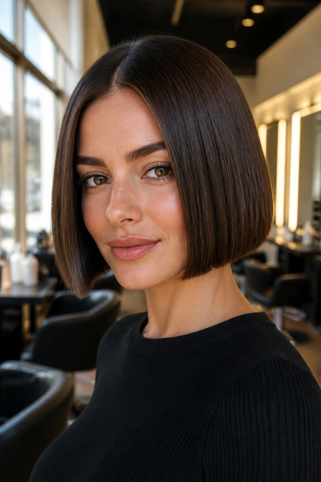 Portrait of a real person with a crisp, sharp blunt brunette bob.