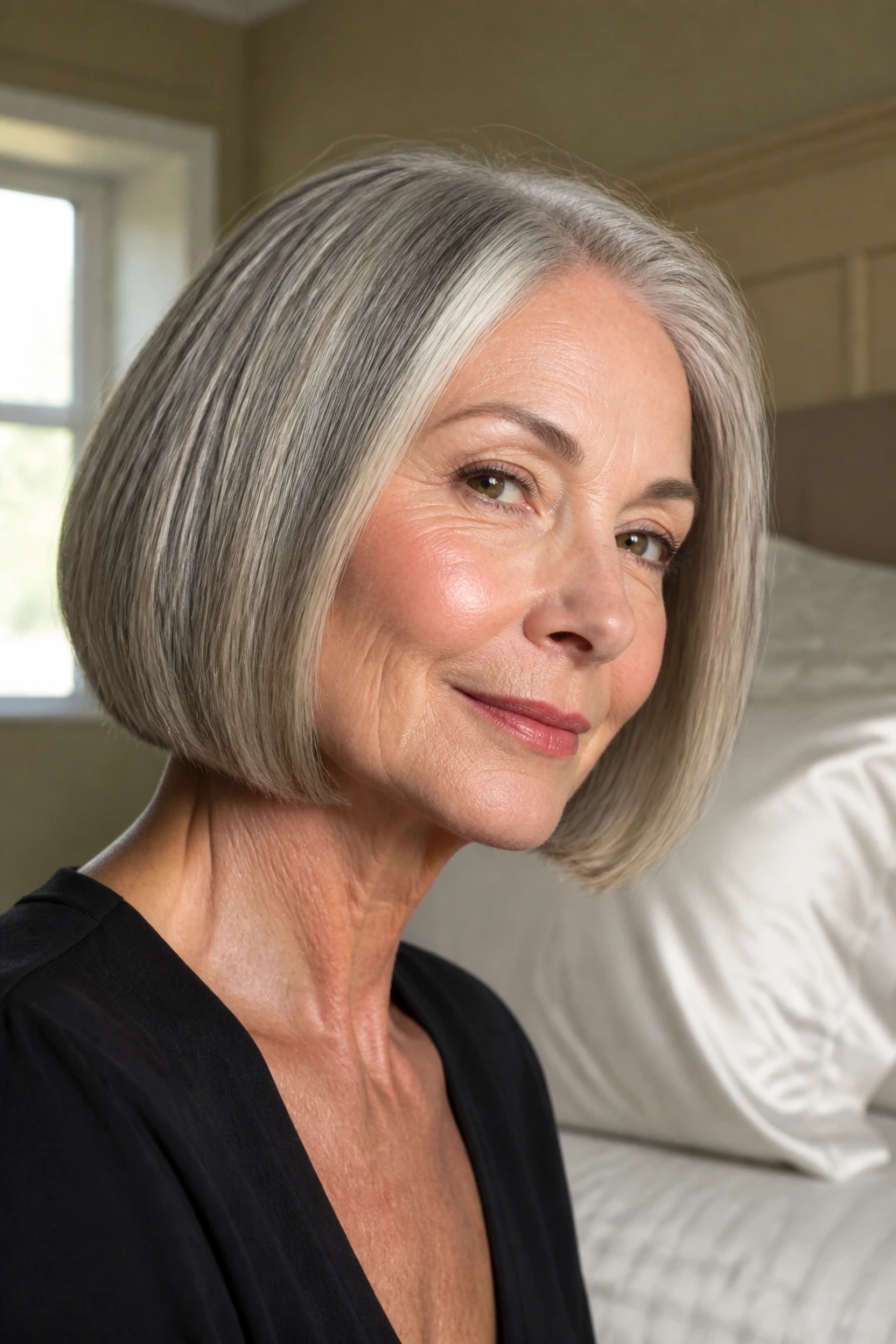 Close-up portrait of an older woman with a sharp chin-length bob in a softly lit bedroom