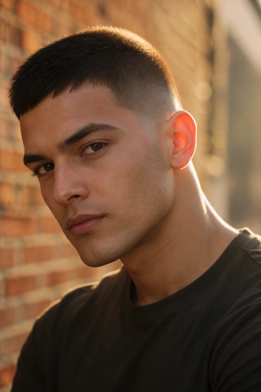 Real person with sharp buzz cut and textured top by brick wall at golden hour