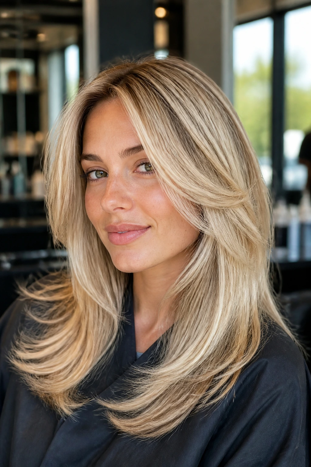 Medium close-up of a real woman with crisp layered blonde hair