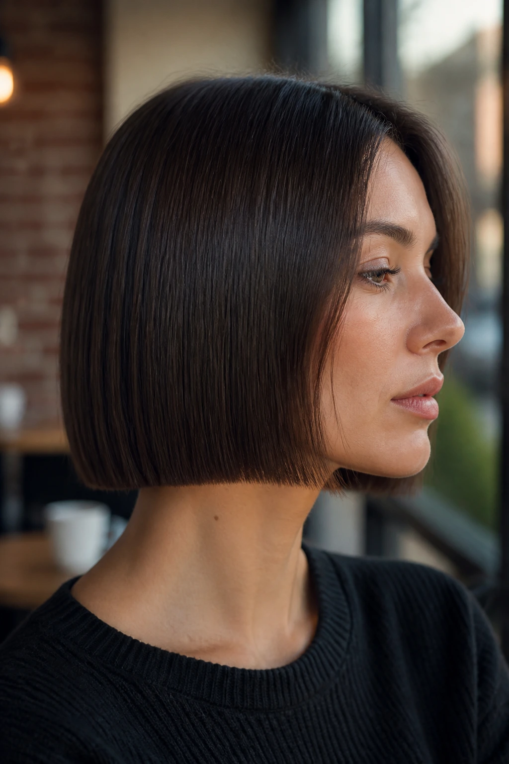 Profile shot of woman with a blunt cut line on short straight hair