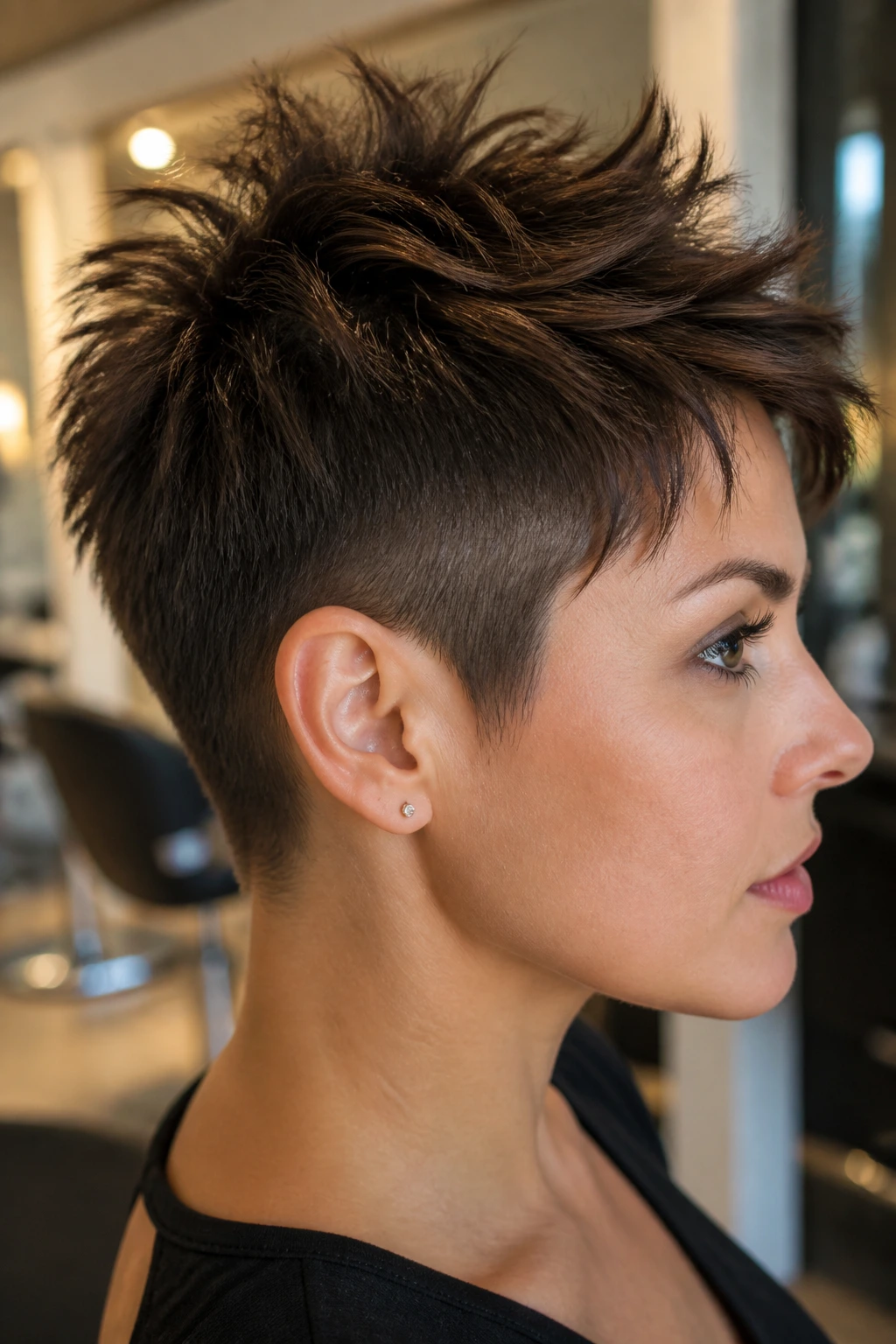 Profile portrait of a woman with a sharp tapered haircut in a salon
