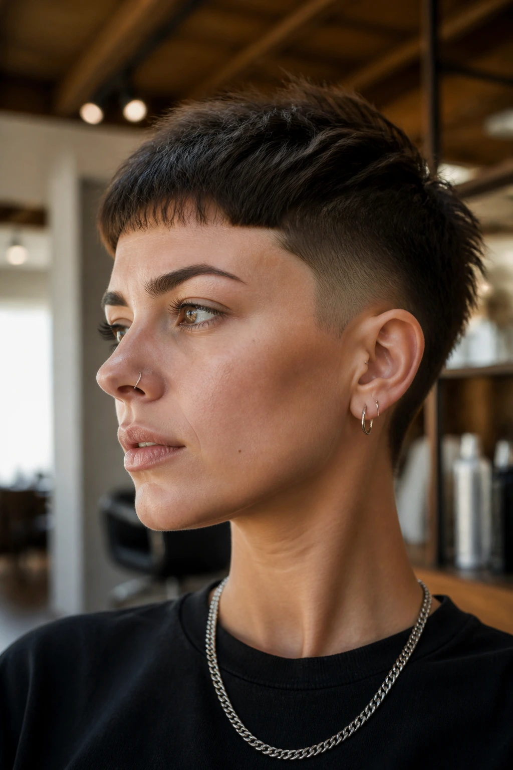 Close-up portrait of a real person with sharp temple edge and soft crown grow-out in a modern salon