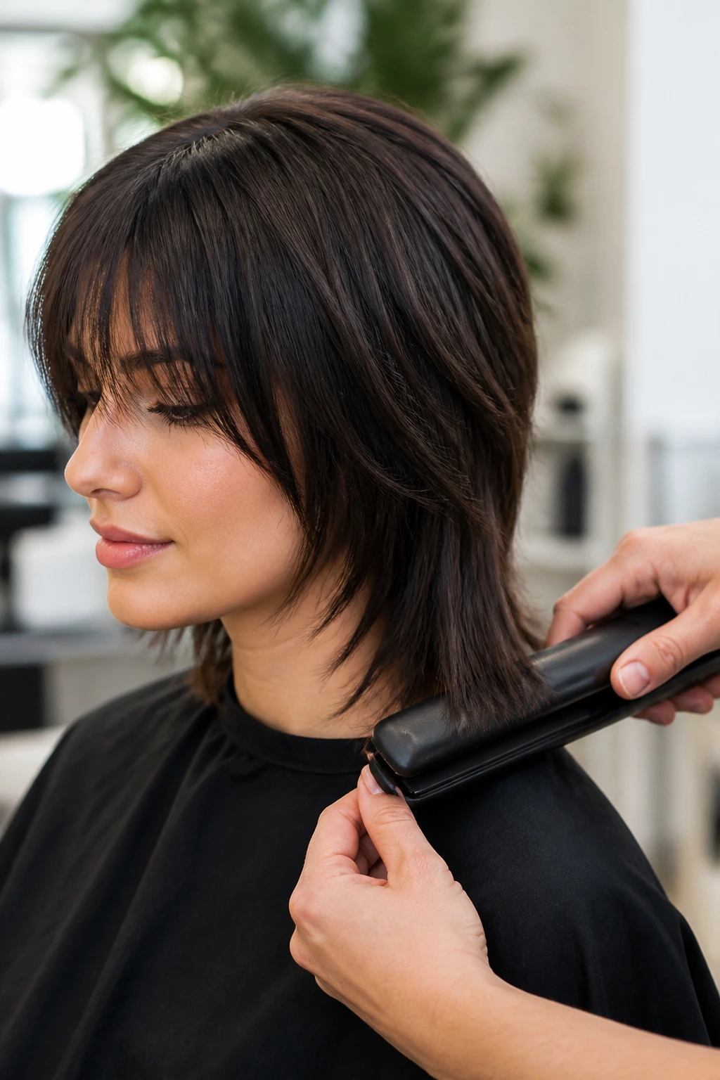 Close-up of a real person styling choppy hair with a flat iron to bend the ends.