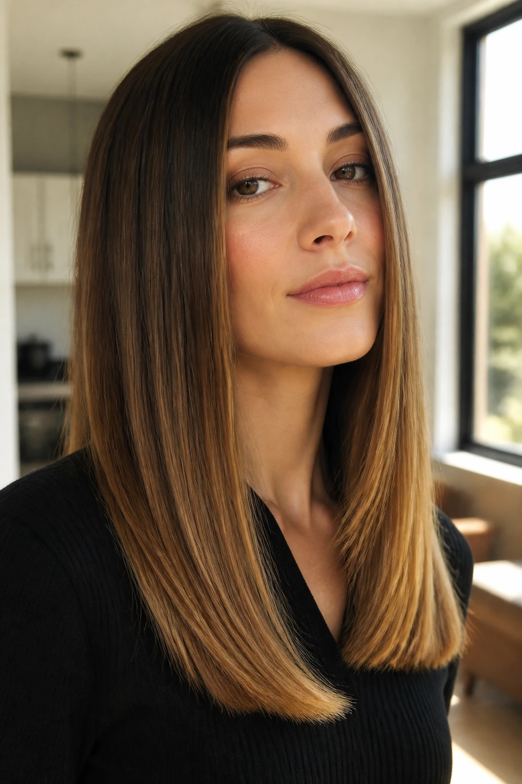 Portrait of a person with a sharp straight layered finish