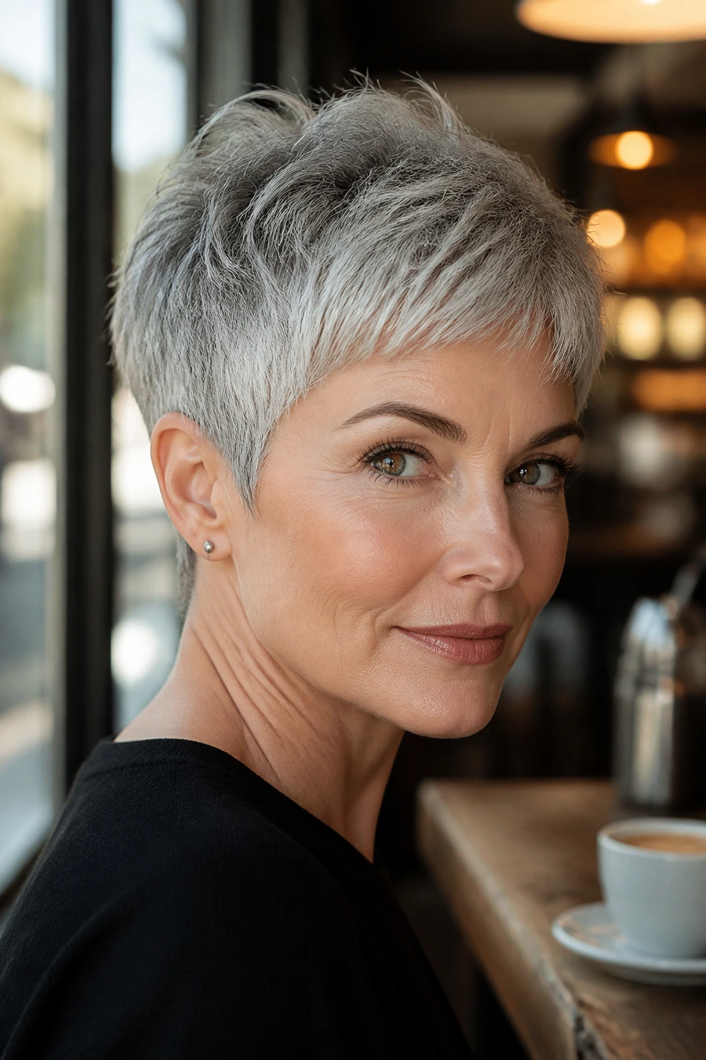 Portrait of a real woman with a sharp textured gray pixie cut in a stylish cafe