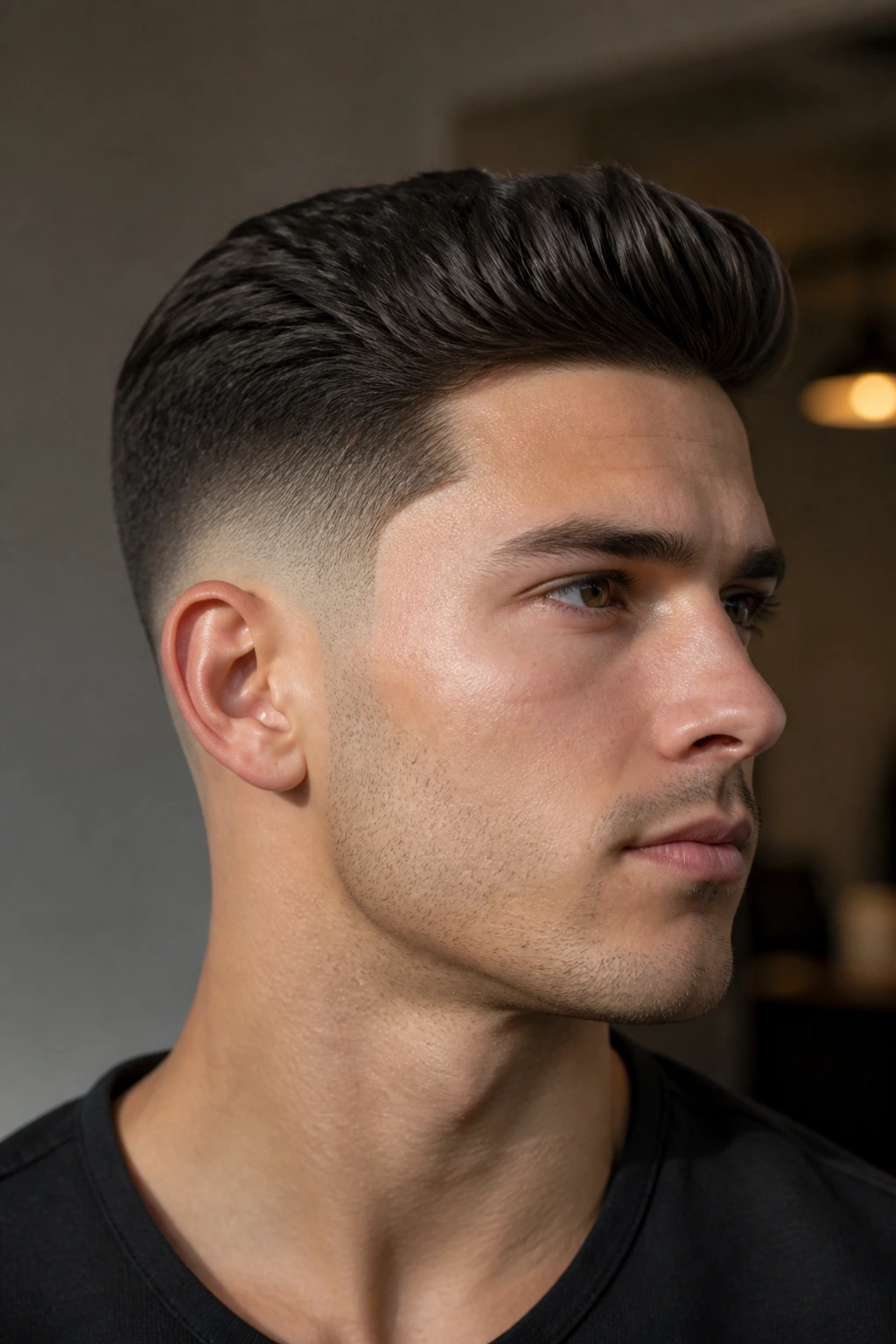 Portrait of a man with a sharp line-up and clean neckline in a warm-lit room