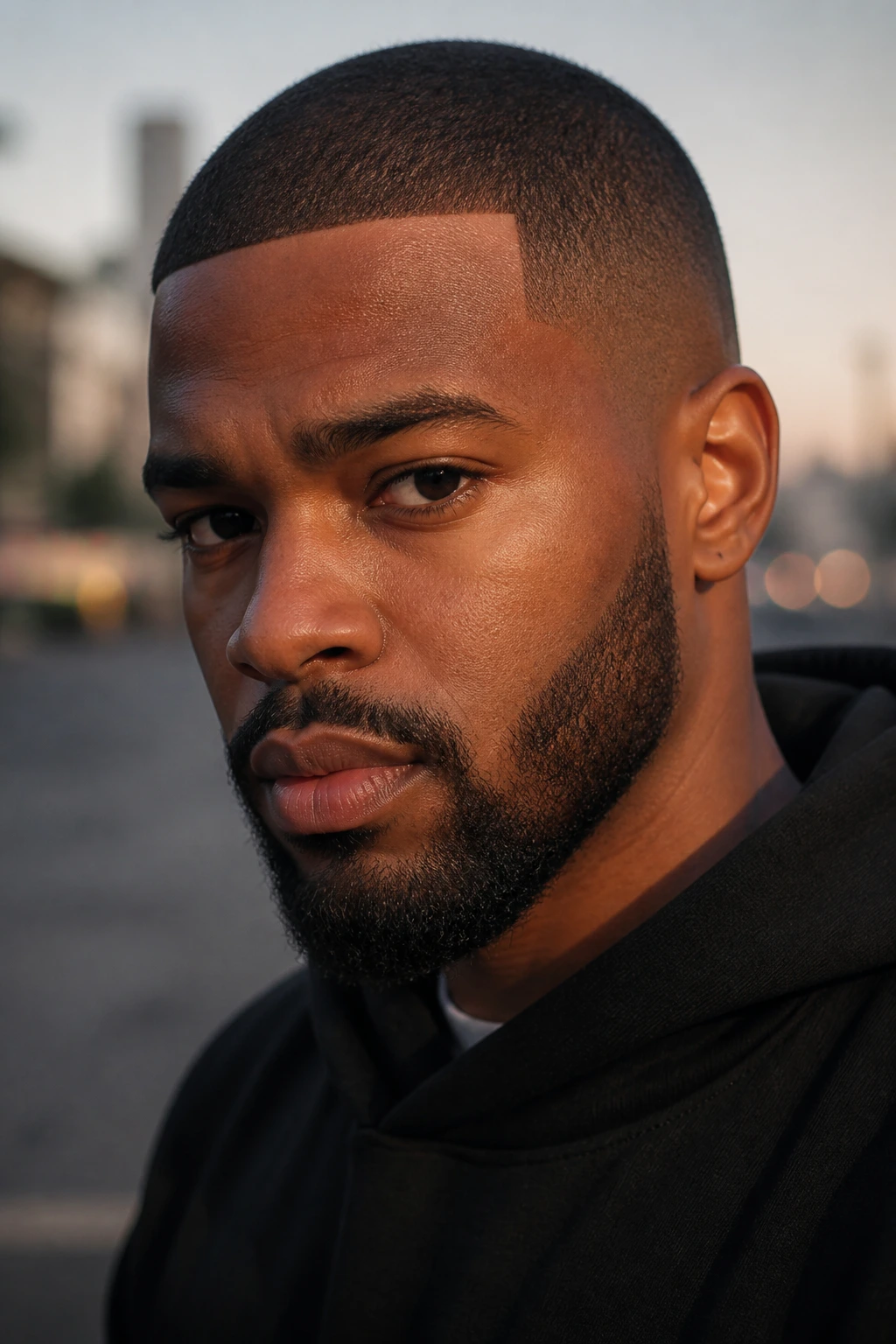 Close-up portrait of a Black man with a sharp lineup and buzz cut.