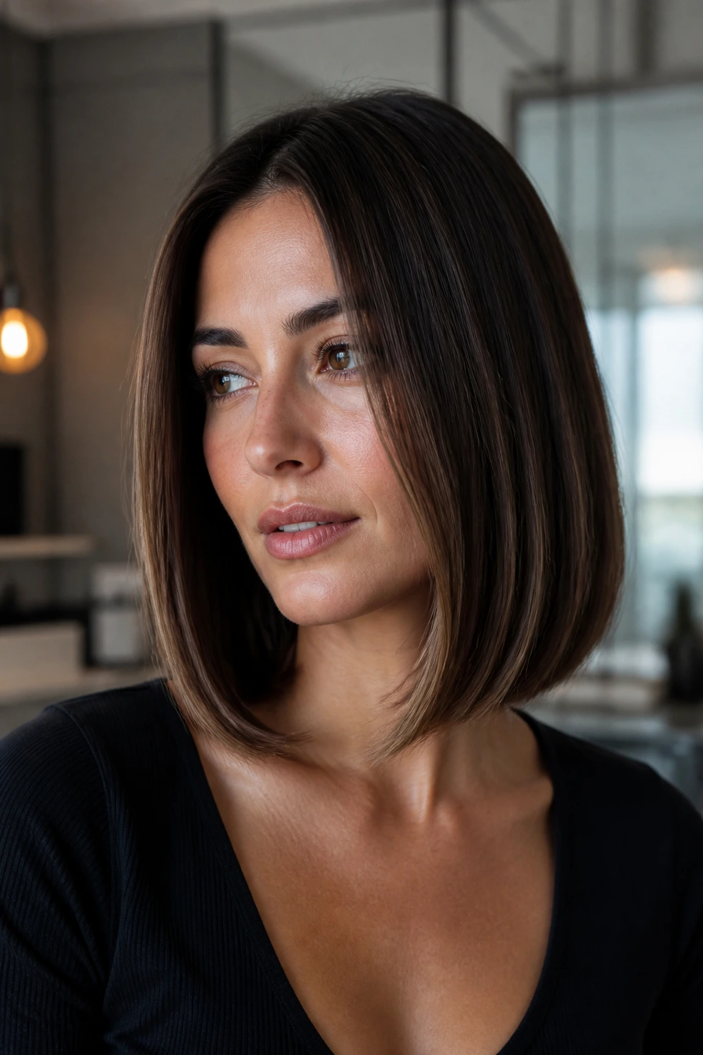 Close-up of real woman with sharp modern lob and tucked ends