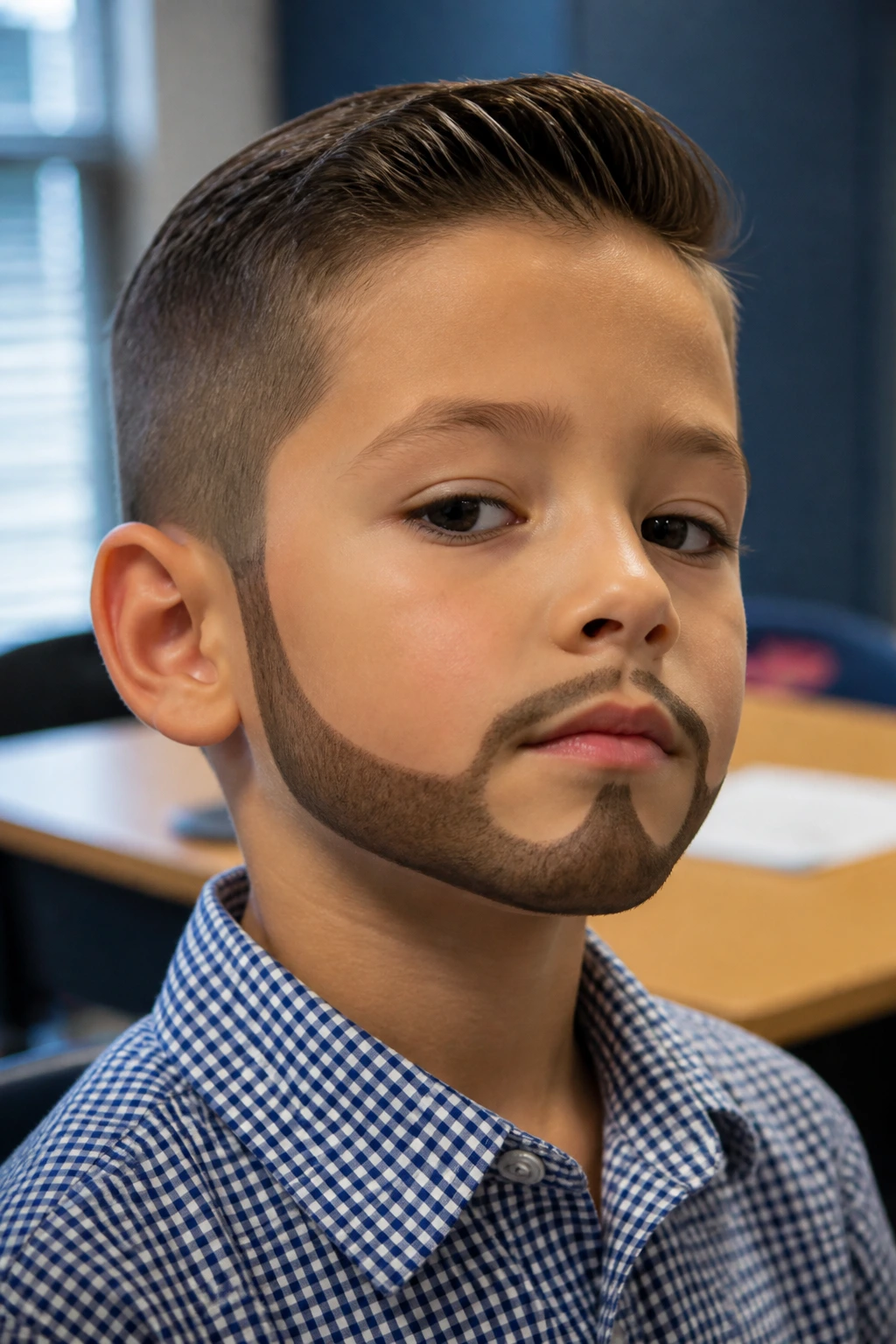 Boy with a sharp outlined beard for photo day in a school portrait setting