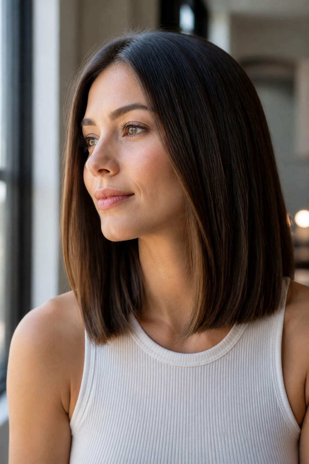 Portrait of a woman with a sharp, blunt outline on medium-length straight hair