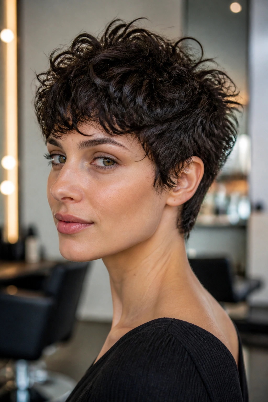 Close-up of real person with sharp perimeter pixie wolf hairstyle