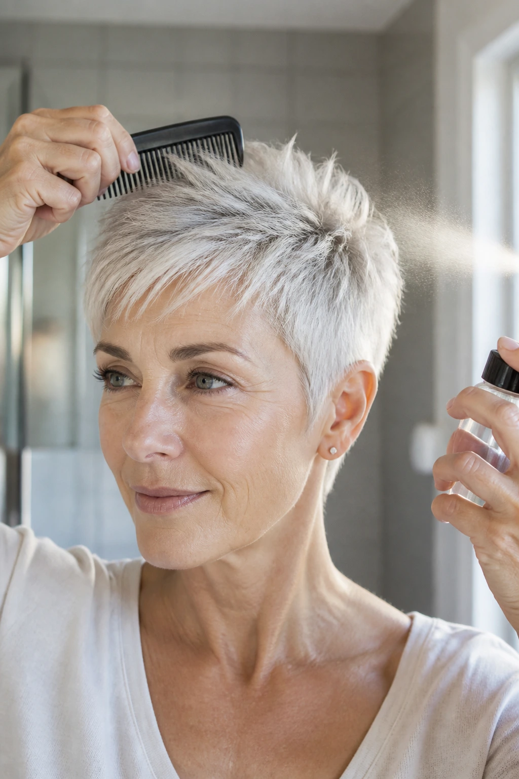 Close-up of a sharp pixie cut after at-home refresh.