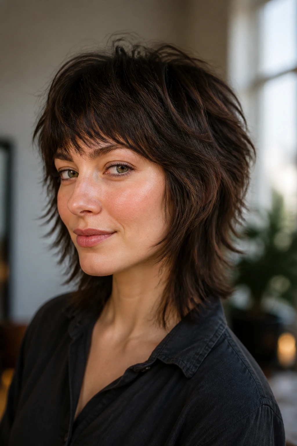 Portrait of woman with sharp shag shape and defined layers