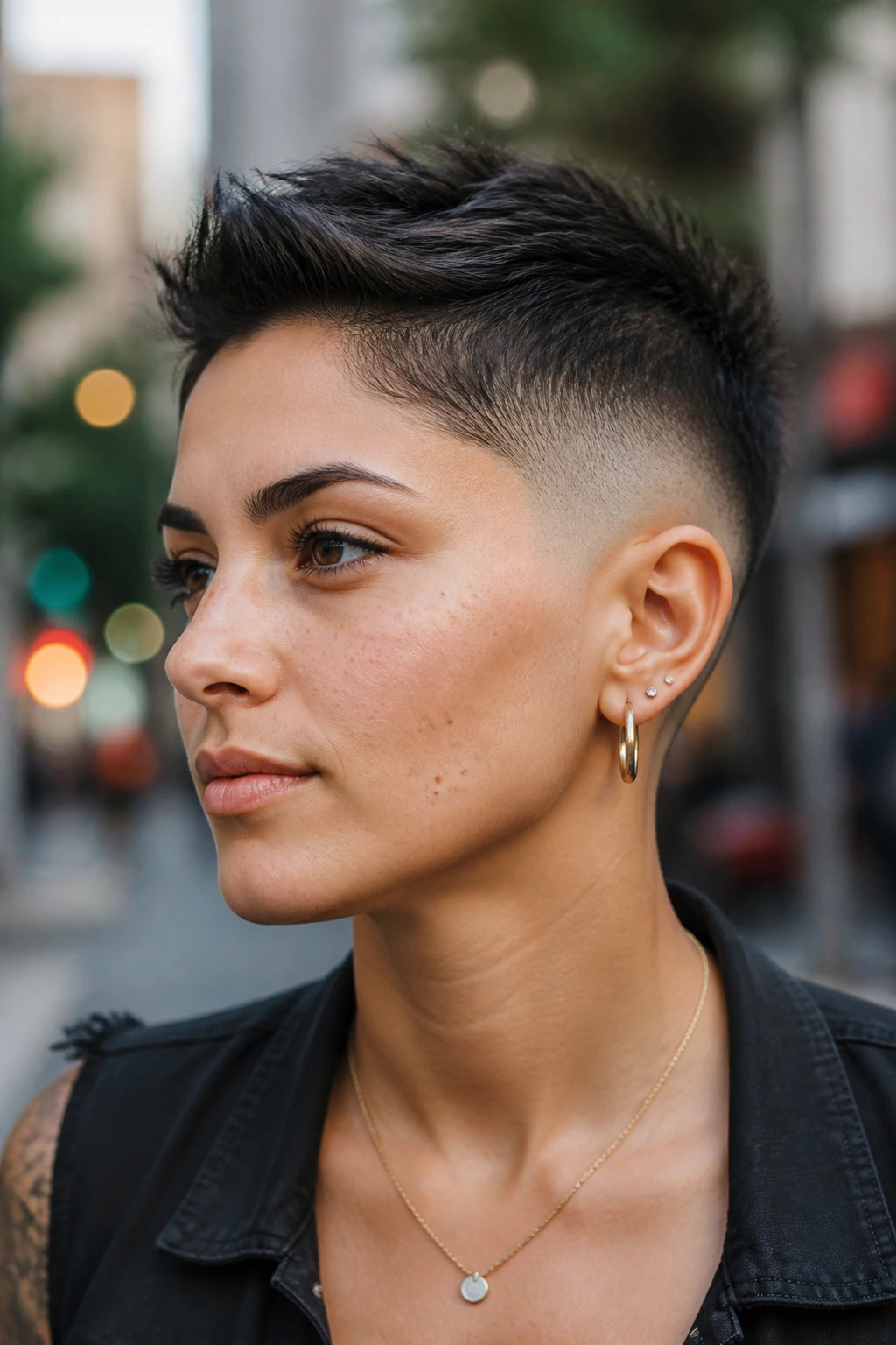 Close-up portrait of a woman with a sharp fade shape