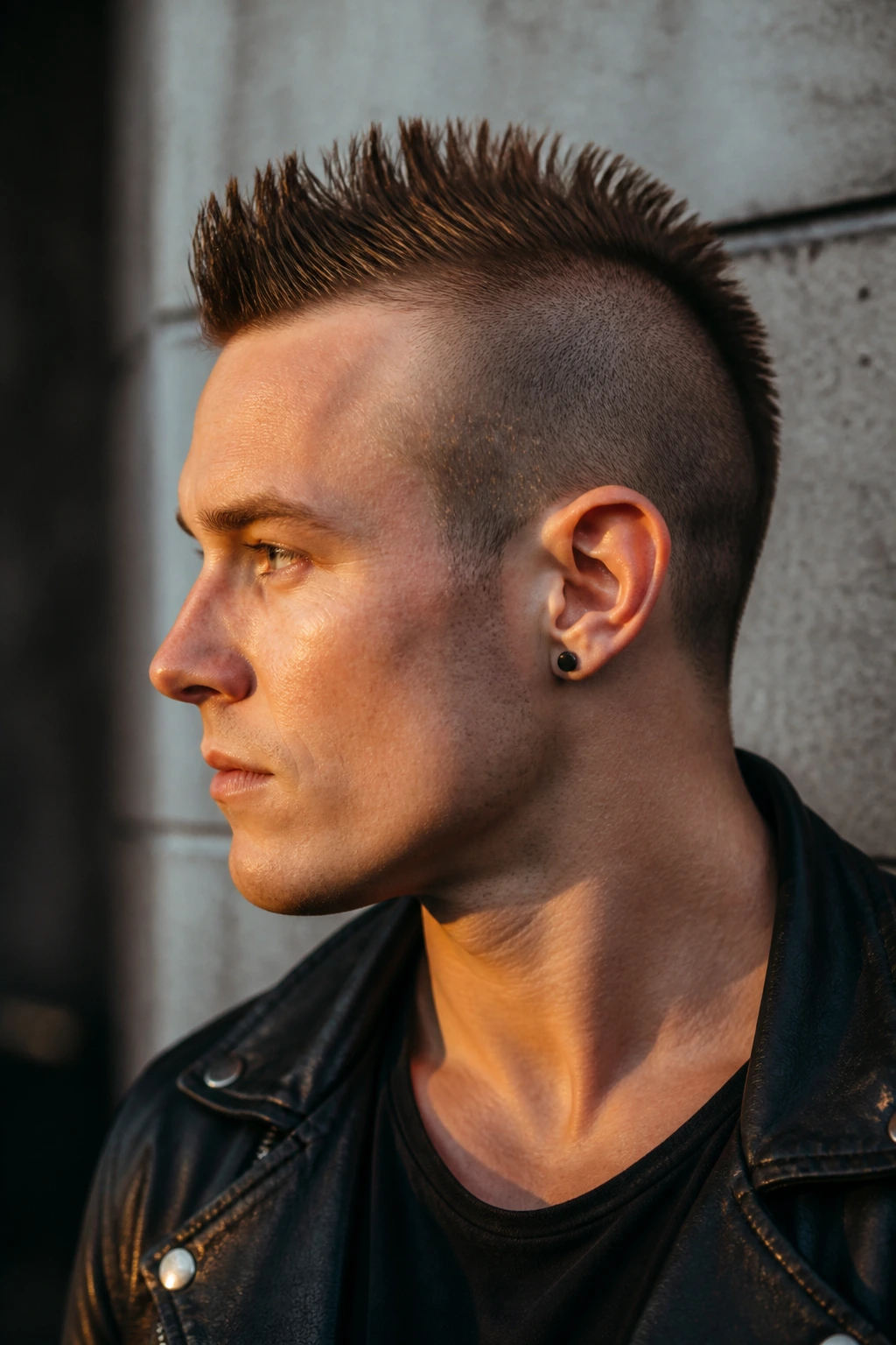Close-up of a person with a sharp, balanced short mohawk against a city wall.