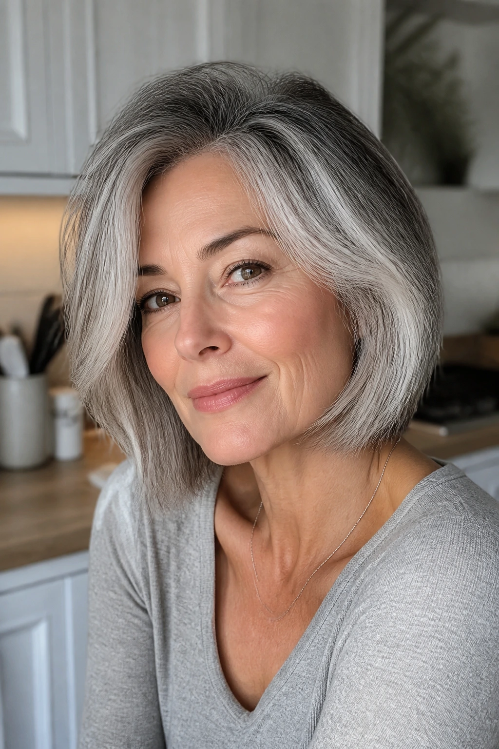Portrait of a woman with a sharp, defined silver shade and visible root depth