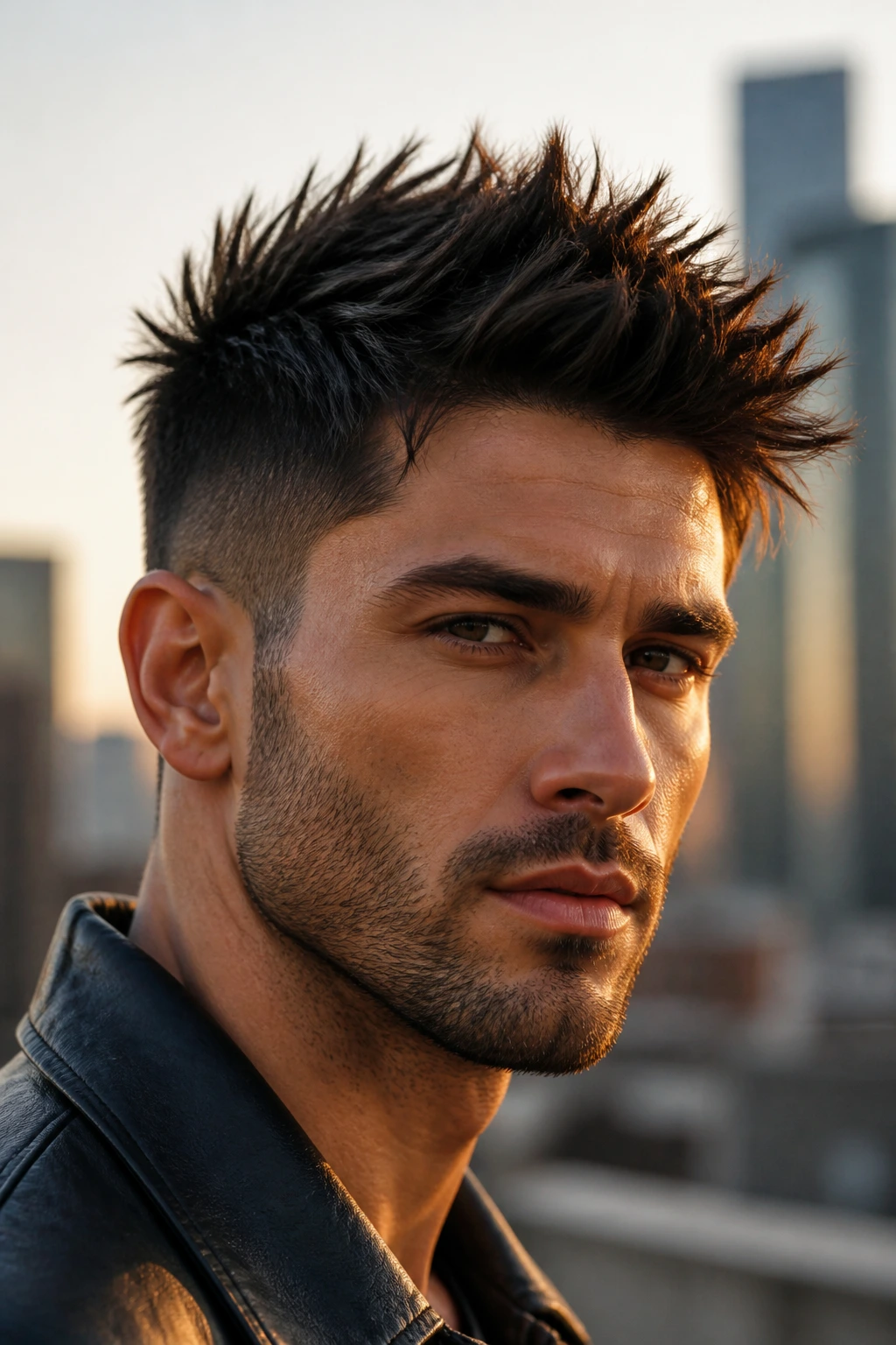 Man with bold spike hairstyle in urban golden-hour light
