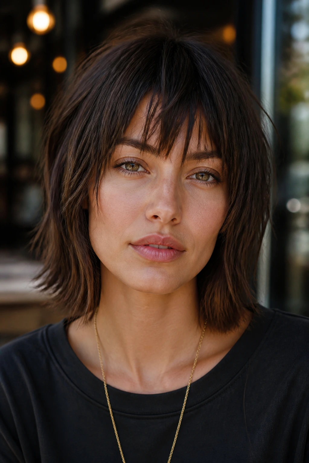 Close-up of a real person with shattered bangs and razor lob in cafe window light.
